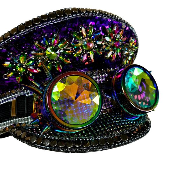 Steampunk Commander Hat – Purple Sequin with Kaleidoscope Goggles - Picture 1 of 6